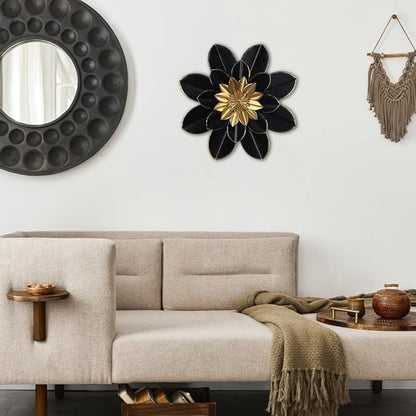 hogardeck Metal Flower Wall Decor, 16" Black & Gold Floral Metal Wall Art for Indoor Outdoor, Boho Modern Wall Decor for Bathroom, Living Room, Kitchen, Bedroom, Porch, Garden, Yard