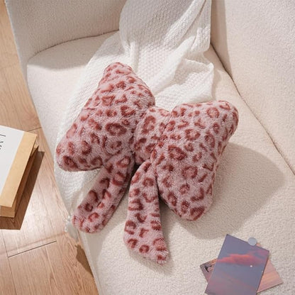 2 Pack Cute Leopard Print Bow Throw Pillows Furry Cheetah Bownote Plush Pillow Decor Bow Lumbar Suffed Pillow for Home Living Room Bedroom Bed Couch Cushion