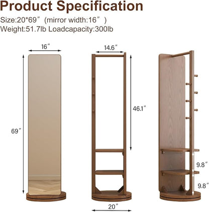 WoodsWhisper Full Length Mirror Coat Rack Solid Wood Floor Mirror 70"x16" Full Length Mirror with Stand Long Mirrors for Bedroom,Living Room (Walnut, 70" L x 16" W)