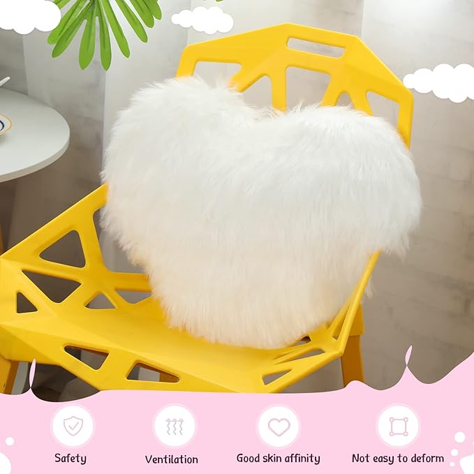Enhon 2 Pcs Fluffy Heart Pillows Faux Fur Heart Shaped Plush Pillow Soft 20 x 15.7 Inch Love Throw Pillows with Insert for Decorative Office Home Bedroom Living Room Sofa(White)