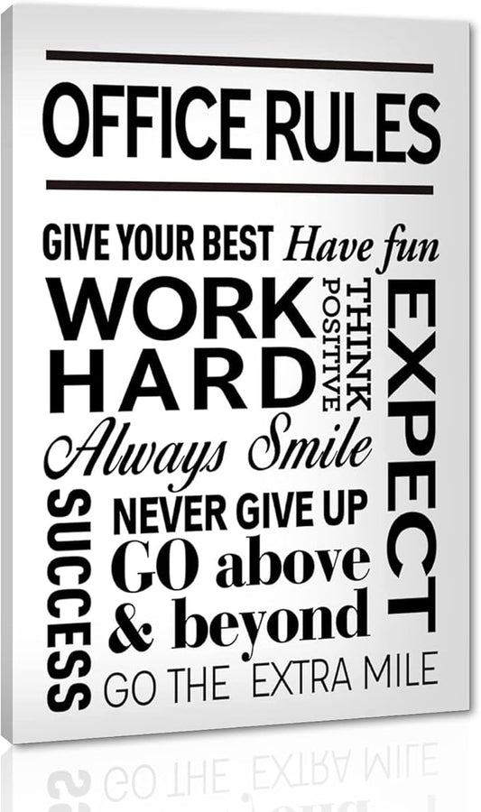 Black and White Inspirational Quote Office Rules Canvas Poster Motivational Print Paintings for Home Office Wall Art Decoration Wooden Framed Ready to Hang-24 x 36 inches