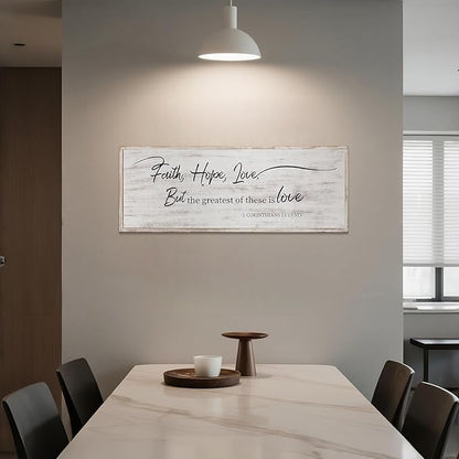 Faith Hope and Love Bible Verses Framed Wall Sign For Family Living Room Kitchen Farmhouse Dining Room Vintage Boho Wall Art Decoration For Living Room Bedroom, 40 x 15 Inch, White