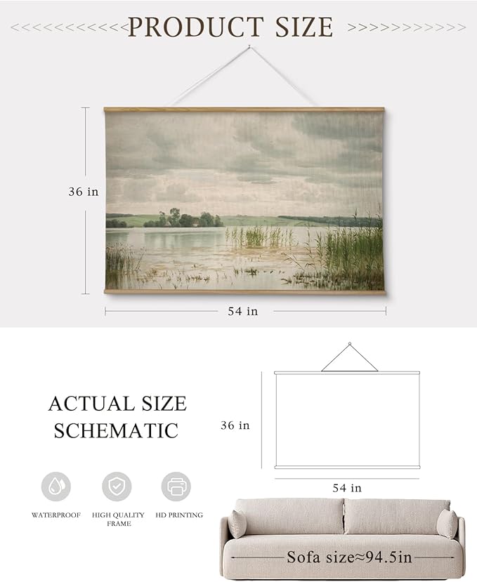 InSimSea 36x54 Extra Large Canvas Scroll Wall Art, Vintage Lake and Green Grass Landscape Oil Painting, Oversized Farmhouse Artwork for Living Room, Bedroom, Dining Room, Office