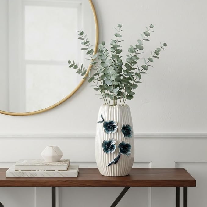 White Flower Vase - Boho Ceramic Vase for Living Room, Modern Decorative Vases Home Decor, Bathroom,Table Centerpiece, Bookshelf, Valentines Table Decor
