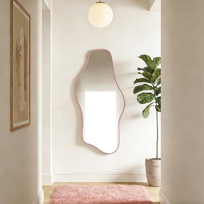 Irregular Tempered Glass Mirror, 47.2"x24" Pink Asymmetrical Aesthetic Wall Mirror, Modern Organic Shape Frameless Mirrors for Living Room Hallway Entryway, Horizontal or Vertical Hanging