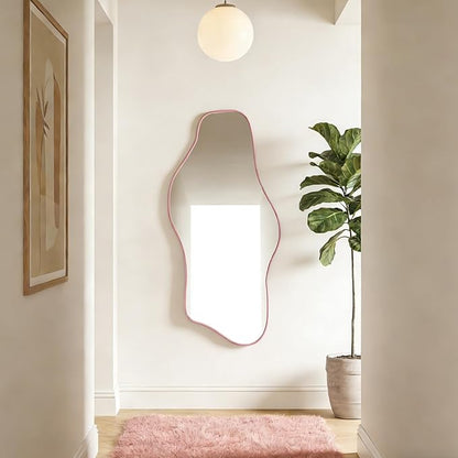 Irregular Tempered Glass Mirror, 47.2"x24" Pink Asymmetrical Aesthetic Wall Mirror, Modern Organic Shape Frameless Mirrors for Living Room Hallway Entryway, Horizontal or Vertical Hanging