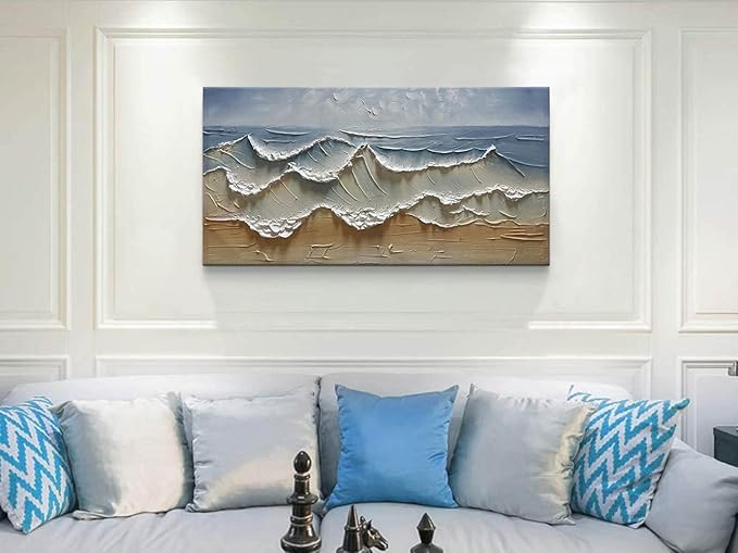 Slyart Abstract Blue Ocean Wave Wall Art, Textured Oil Painting on Canvas Relief Wall Art, 24" x 48" Abstract Modern Sea Artwork Wall, Neutral Wall Decor
