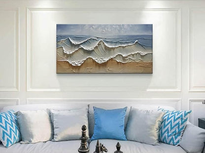 Slyart Abstract Blue Ocean Wave Wall Art, Textured Oil Painting on Canvas Relief Wall Art, 24" x 48" Abstract Modern Sea Artwork Wall, Neutral Wall Decor