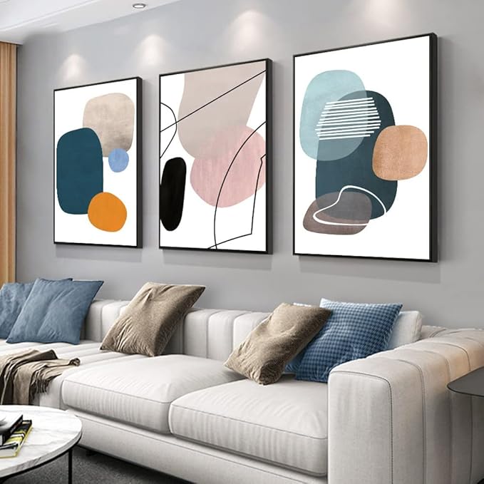 MPLONG Aesthetic Wall Art Large size 24" x 32" x 3 Panels Of Framed Decorative Paintings Abstract Simple Orange White Blue And Other Color Blocks Wall Art Canvas Prints Nature Home Decor