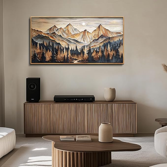 QIYILEXWART Wood Farmed Large Wall Decor For Living Room Canvas Wall Art For Office Modern Wall Decorations For Bedroom Mountain Landscape Painting Abstract Pictures Artwork Room Home Decor 24x48 In