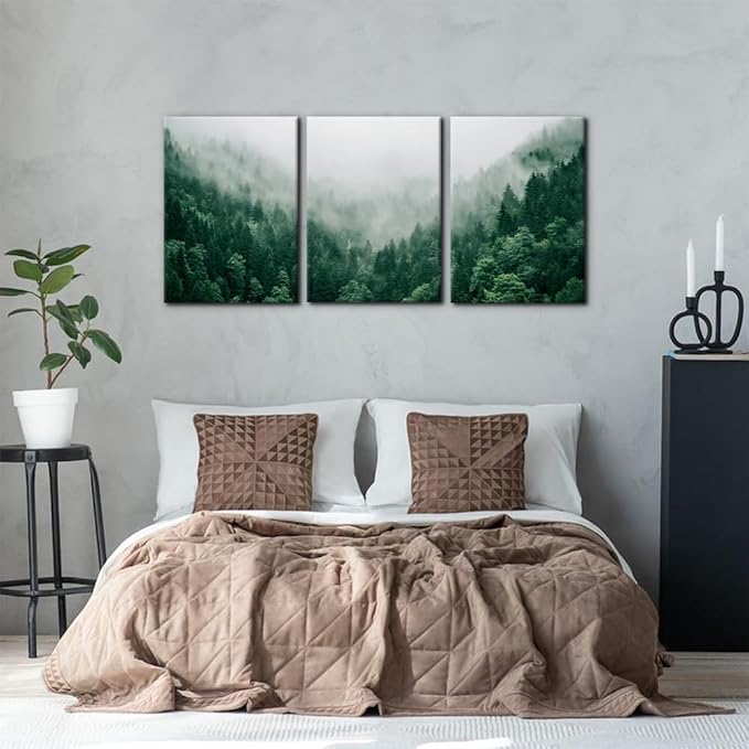 Pacimo Canvas Print Wall Art Set Talking with the Fog Aerial View of Pine Trees in Mist Realism Pictures Print on Canvas Rustic Scenic Modern Artwork Stretch Framed Ready to Hang - 20"x28"x3 Panel