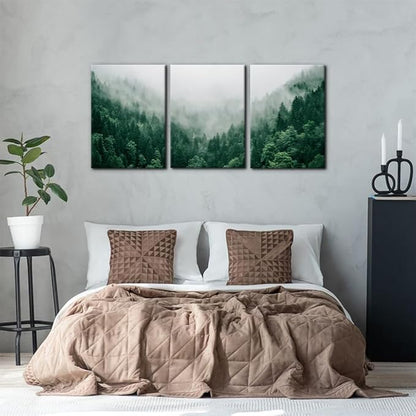 Pacimo Canvas Print Wall Art Set Talking with the Fog Aerial View of Pine Trees in Mist Realism Pictures Print on Canvas Rustic Scenic Modern Artwork Stretch Framed Ready to Hang - 20"x28"x3 Panel