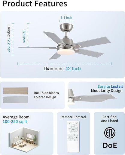 Rayqueen 42 Inch Ceiling Fans with Lights and Remote, 6 Speed Reversible DC Motor, 3CCT Dimmable LED, Modern Brushed Nickel Ceiling Fan for Bedroom, Living room & Covered Outdoor,Includes Downrod