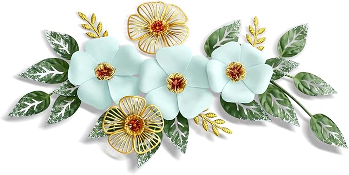 Otoolling 13.7'' Metal Flower Wall Decor, 3D Light Blue & Gold Floral Sculpture with Green Leaves, Hanging Wall Art Accent for Living Room, Bedroom, Bathroom, Home Indoor Outdoor Decoration
