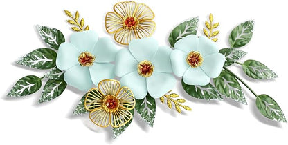 Otoolling 13.7'' Metal Flower Wall Decor, 3D Light Blue & Gold Floral Sculpture with Green Leaves, Hanging Wall Art Accent for Living Room, Bedroom, Bathroom, Home Indoor Outdoor Decoration