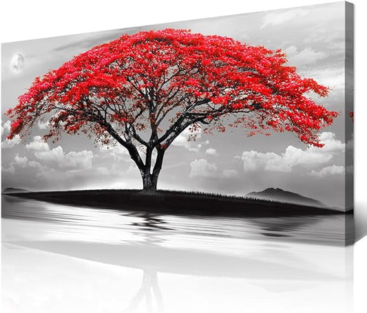 Wapluam Black And White Pictures Large Canvas Prints Wall Art For Living Room Bedroom Wall Decor Red Tree Landscape Painting To Hang Modern Home Decorations For Office Stretched And Framed Artworks