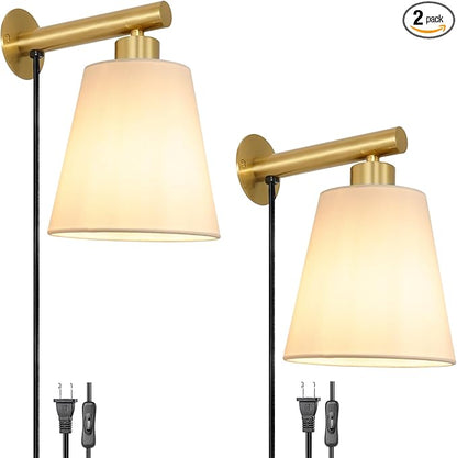 Gold Plug-in Wall Sconces Set of 2, Bedside Lamps With Fabric Linen Shade, Brass Gold Wall Sconce With Cord, Wall Decor Bedroom Lights for Living Room Hallway Porch