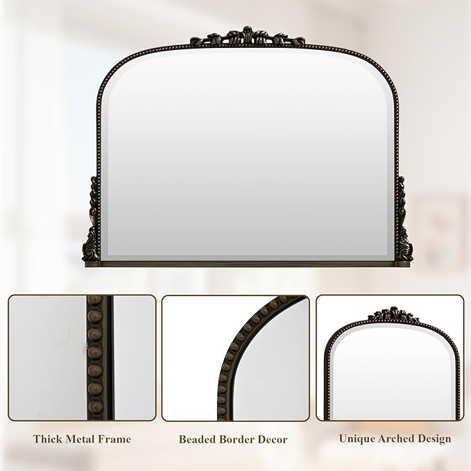 27"×36" Bronze Wide Arched Wall Mirror, Vintage Carving Bathroom Vanity Makeup Mirror, as Wall Decor Hanging Leaning for Fireplace Mantle, Living Room, Bedroom, Vanity Area