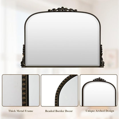 27"×36" Bronze Wide Arched Wall Mirror, Vintage Carving Bathroom Vanity Makeup Mirror, as Wall Decor Hanging Leaning for Fireplace Mantle, Living Room, Bedroom, Vanity Area