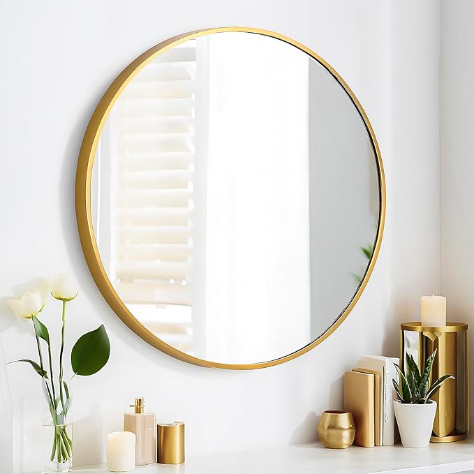SCWF-GZ 24" Round Mirror Circle Wall Mounted Hanging or Against Wall Metal Frame Dressing Make-up Mirrors for Entryway Bedroom Bathroom Living Room 24 inch Gold