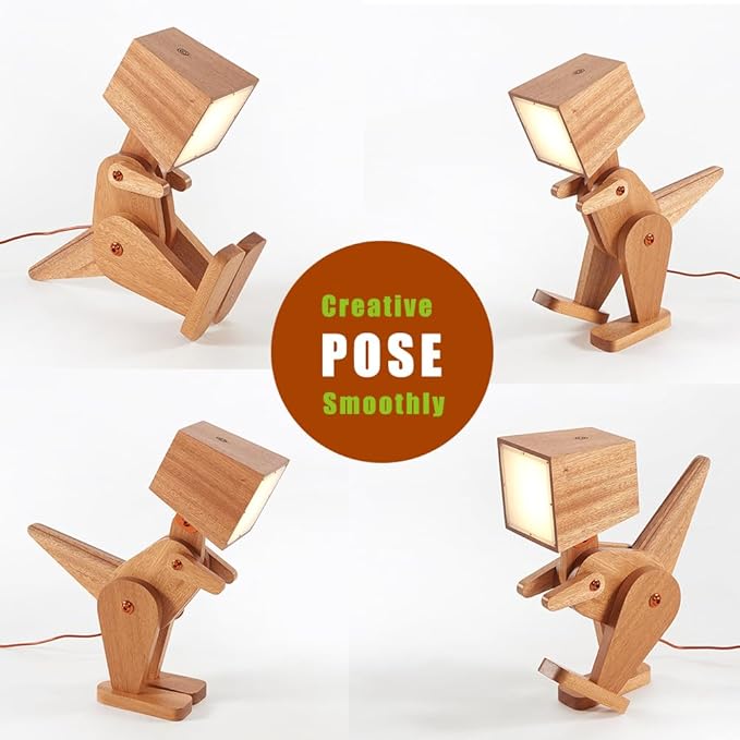 Novelty Cool Wood Dinosaur Table Lamp for Bedroom, Kids Room, Bedside - 3 Levels Dimmable Touch Switch Adjustable Robot Design Natural Finish Desk Light for Living Office Dorm Farmhouse (Brown)