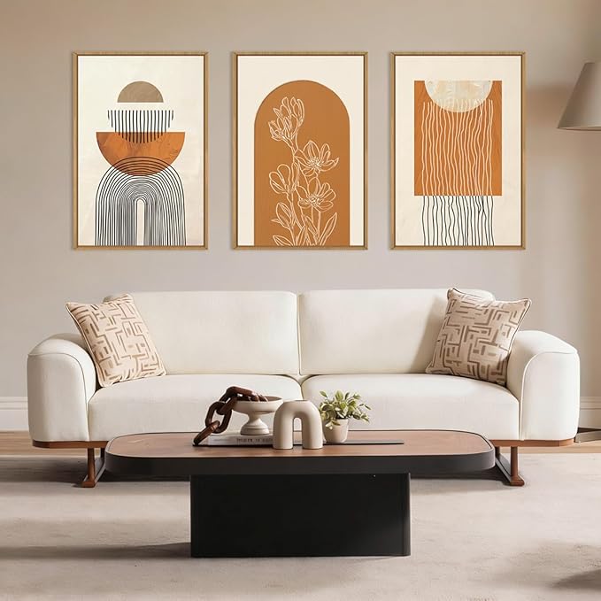 ANHUIB Large Boho Canvas Wall Art,Abstract Geometric Framed Wall Decor,Mid Century Modern Artwork,3 Piece 16x24In Beige Orange Painting for Living Room Bedroom,Office
