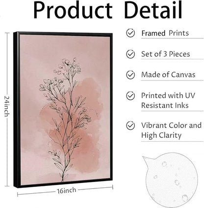 okudolit Boho Vintage Flower Wall Art Set of 3 Minimalist Floral Botanical Prints Rustic Wildflower Wall Decor Beige and Pink Neutral Plant Painting for Living Room Bedroom Office-16x24in