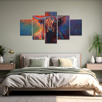 Highland Cow Canvas Wall Art Cow Pictures Modern Abstract Oil Painting on Canvas 5 Panels for Home Decor Living Room, Framed 60L x 32W