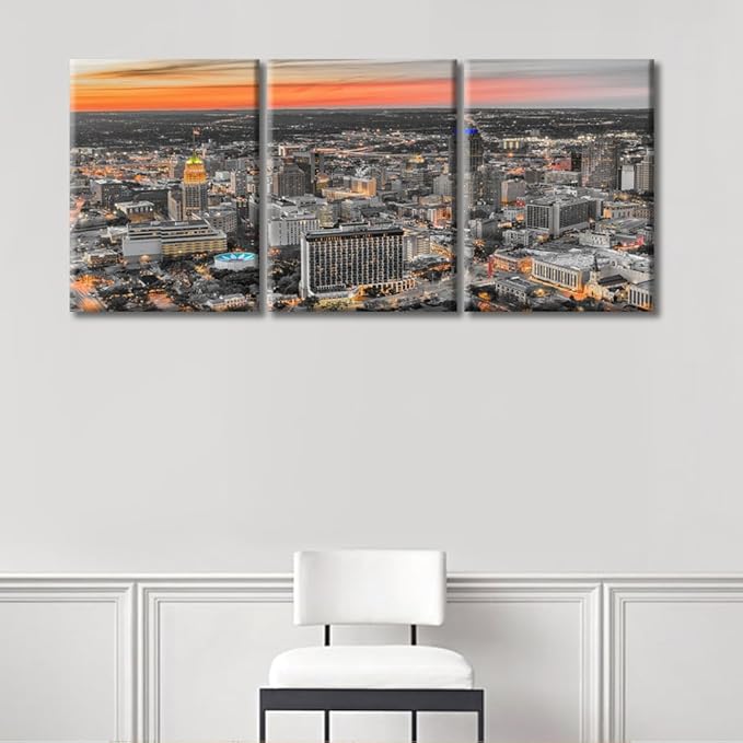 TUMOVO San Antonio Texas USA Skyline at Dusk Wall Art Canvas Print 3 Pieces RAmerican Cityscape Wall Decor for Bedroom City Skyline Artwork Paintings Wall Art Framed Ready to Hang (36" Wx16 H)