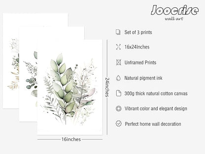 Watercolor Botanical Wall Art Set of 3 Boho Floral Canvas Wall Decor Prints Sage Green Wildflower Wall Art Modern Flower Pictures Botanical Painting for Bedroom Bathroom 16x24 Inch Unframed