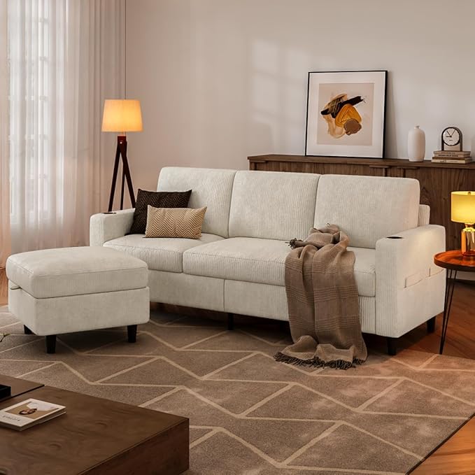 Convertible Sectional Couches for Living Room, 3 Seats L Shaped Sofa with Storage Ottoman and 2 Cup Holders, Modern Corduroy Couch Small Sofas for Small Space Apartment Office, Beige