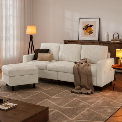 Convertible Sectional Couches for Living Room, 3 Seats L Shaped Sofa with Storage Ottoman and 2 Cup Holders, Modern Corduroy Couch Small Sofas for Small Space Apartment Office, Beige