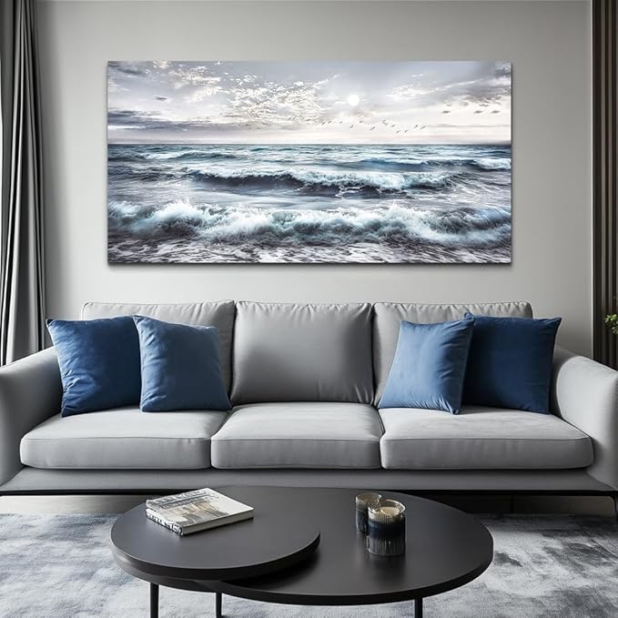 QIYILEXWART Canvas Wall Art For Living Room Large Wall Decor For Office Bedroom Decorations Watercolour Wall Pictures Ocean Waves Painting Artwork Room Ready To Hang