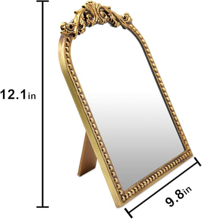 Vintage Makeup Mirror with Stand : 12.1"x9.8" Arched Antique Gold Vanity Mirror for Dresser - Baroque Standing Tabletop Ornate Decor for Desk/Living Room/Bedroom