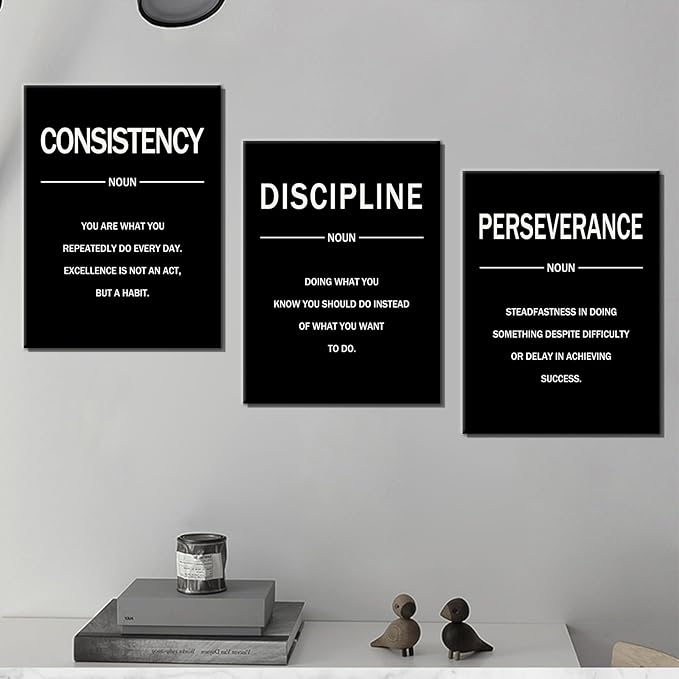Motivational Wall Decor Perseverance Discipline Consistency 3 Pieces Inspirational Office Posters Positive Picture Prints Artwork for Modern Home Bedroom Gym Classroom Ready to Hang [36''W X 16''H]