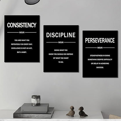 Motivational Wall Decor Perseverance Discipline Consistency 3 Pieces Inspirational Office Posters Positive Picture Prints Artwork for Modern Home Bedroom Gym Classroom Ready to Hang [36''W X 16''H]