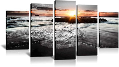 SkenoArt 5 Panels Large Ocean Beach Pictures Canvas Wall Art Modern Black and White Gold Sunset Seascape Artwork for Living Room Home Office Wall Decor Ready to Hang