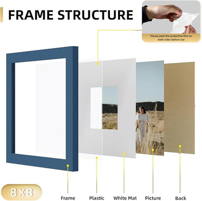 YESKAY 8x8 Picture Frame Set of 9, Photo Gallery Wall Frame Set, Display Pictures 4x4 with Mat or 8 x 8 Without Mat, Square Frame Picture Frames Collage Wall Decor, Blue