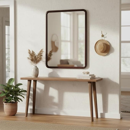 Bathroom Mirror for Wall,Wood Rectangle 30 x 40 inch Hanging Vatiny Tempered Dark Walnut Mirrors with Rounded Corner for Living Room,Bedroom,Entryway