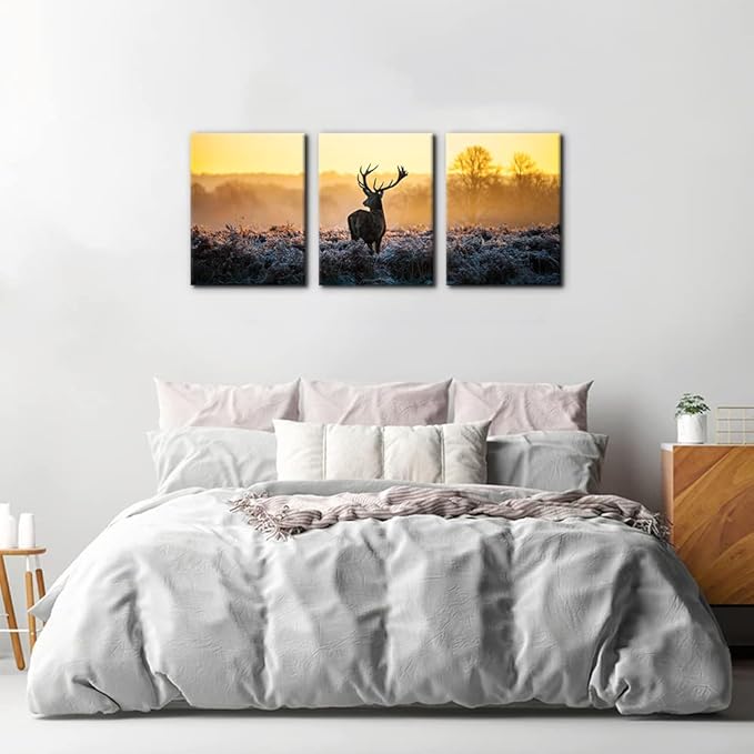 Pacimo Canvas Print Wall Art 3 Pieces Set Deer in Golden Light at Dawn Nature Wilderness Photography Realism Rustic Scenic Relax/Calm Multicolor for Living Room Bedroom Office Decor - 12" x 16" x 3