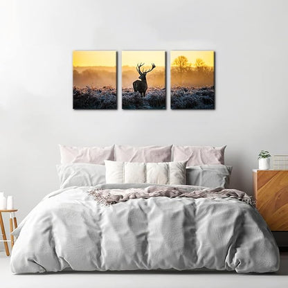 Pacimo Canvas Print Wall Art 3 Pieces Set Deer in Golden Light at Dawn Nature Wilderness Photography Realism Rustic Scenic Relax/Calm Multicolor for Living Room Bedroom Office Decor - 12" x 16" x 3