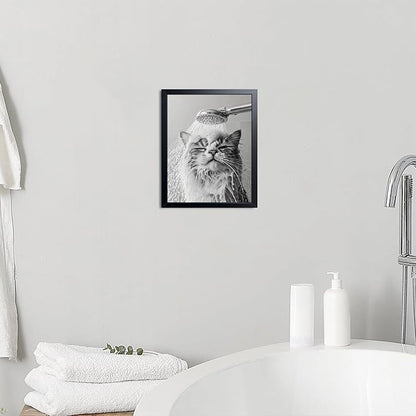 XYHYRA Cute Cat Bathroom Decor Funny Animal Bathroom Wall Art Cat Bathing Wall Decor Poster Painting Black and White Canvas Print Artwork Modern Farmhouse Restroom Home Decoration 8x10 Inch Wood Framed