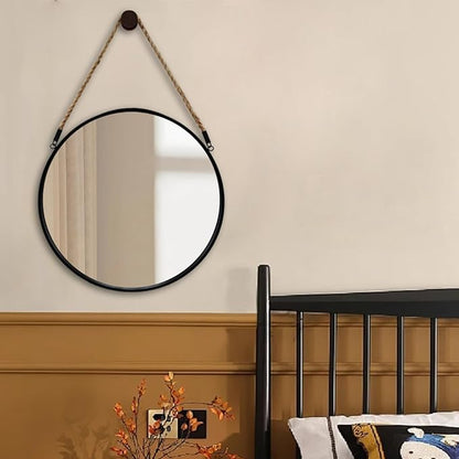 POZINO Round Mirror, 24 Inch Hanging Mirror with Rope, Circle Wall Mirrors, Black Frame Farmhouse Mirrors for Bathroom Bedroom Living Room Entryway Home Decor