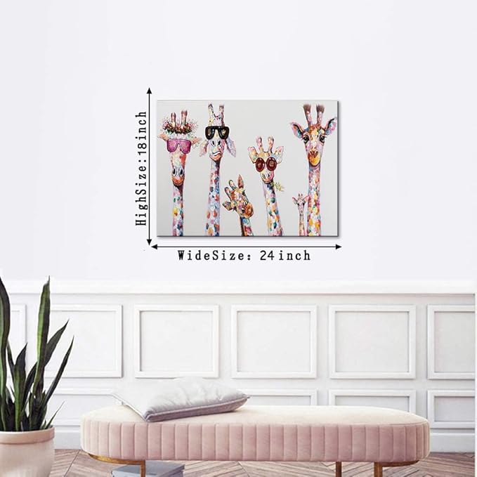 Giraffes Graffiti Canvas Wall Art for Living Room Bansky Wall Decor Colorful Animal Posters Prints Modern Home Decoration Framed Ready to Hang 18x24inch