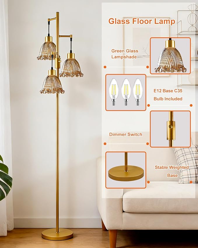 3-Light Modern Glass Floor Lamp, Gold Standing Tall Lamp with Amber Lily Glass Shade for Reading, Dimmable LED Floor Lamp with 5Lbs Heavy Base for Living Room Bedroom Home Decor, Bulb Included