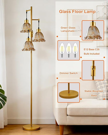 3-Light Modern Glass Floor Lamp, Gold Standing Tall Lamp with Amber Lily Glass Shade for Reading, Dimmable LED Floor Lamp with 5Lbs Heavy Base for Living Room Bedroom Home Decor, Bulb Included