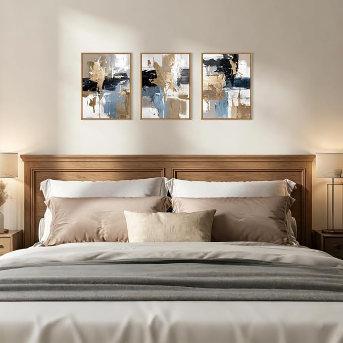 KAIRNE Blue and Gold Abstract Framed Canvas Wall Art Set,Minimalist Brush Strokes Wall Decor,Modern Textured Art Prints,Neutral Brown Black Artwork for Living Room,Bedroom,Farmhouse,Office-12 x16 x3