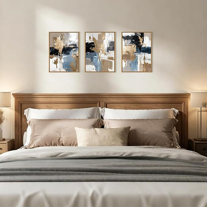KAIRNE Blue and Gold Abstract Framed Canvas Wall Art Set,Minimalist Brush Strokes Wall Decor,Modern Textured Art Prints,Neutral Brown Black Artwork for Living Room,Bedroom,Farmhouse,Office-12 x16 x3