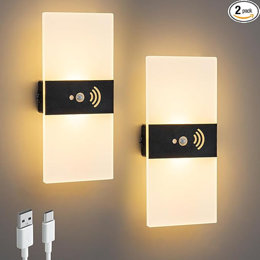Motion Sensor Wall Light, Rechargeable LED Wall Sconce, Dimmable Magnetic Night Light, 3000K Warm White Wireless Lamp, Battery Powered Indoor Hallway Stairway Closet Bedroom, 2 Pack