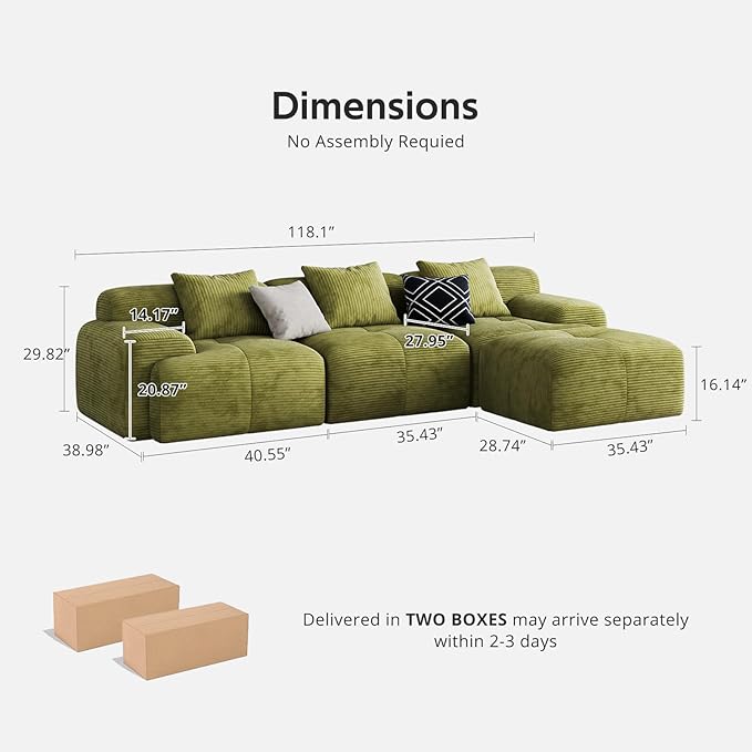 Modern L-Shaped Modular Sectional Sofa for Living Room，Oversized 3-Seater Couch with Deep Seat and Movable Ottoman – No Assembly,Comfortable Suede Fabric Boneless Sofa (Green)